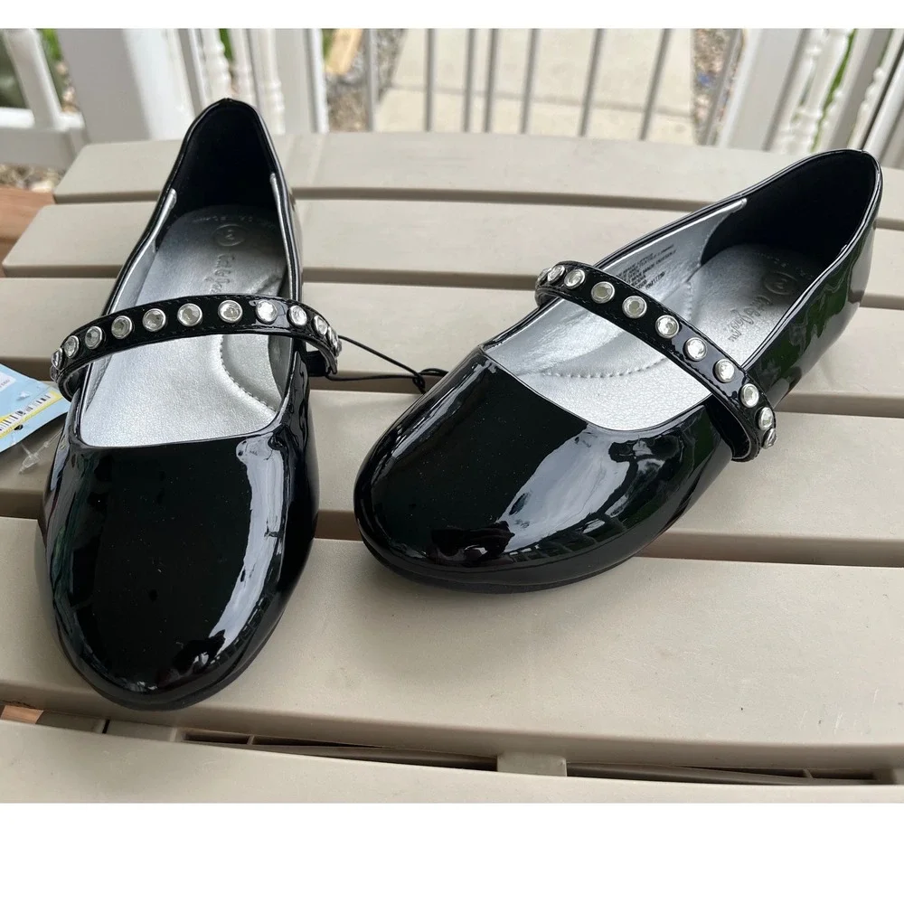 Cat & Jack Brooke Girls Black Patent Rhinestone Mary Jane Flats Size 2 NEW